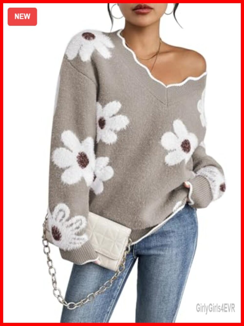 Oversized V Neck Fuzzy Chunky Knit Pullover Sweater Floral Relaxed Fit